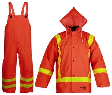orange rain suit with overalls and jacket